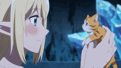 a blonde anime character holds a small orange and white cat