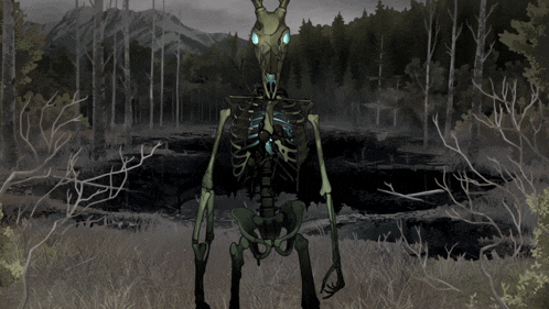 a skeleton with horns is standing in a field with trees in the background