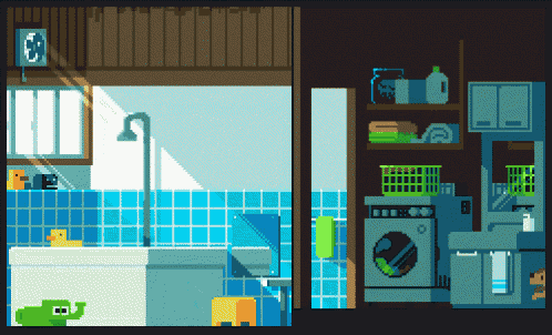 a pixel art drawing of a bathroom with a washing machine