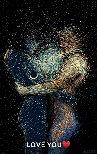 a painting of a man and woman hugging with the words love you
