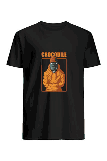 a black t-shirt with a picture of a crocodile wearing an orange hoodie