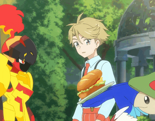 a boy is holding a sandwich on a tray in front of a cartoon character
