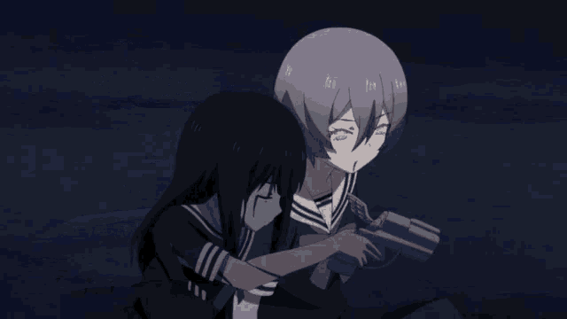 a girl with red eyes is holding a gun next to another girl who says " no "