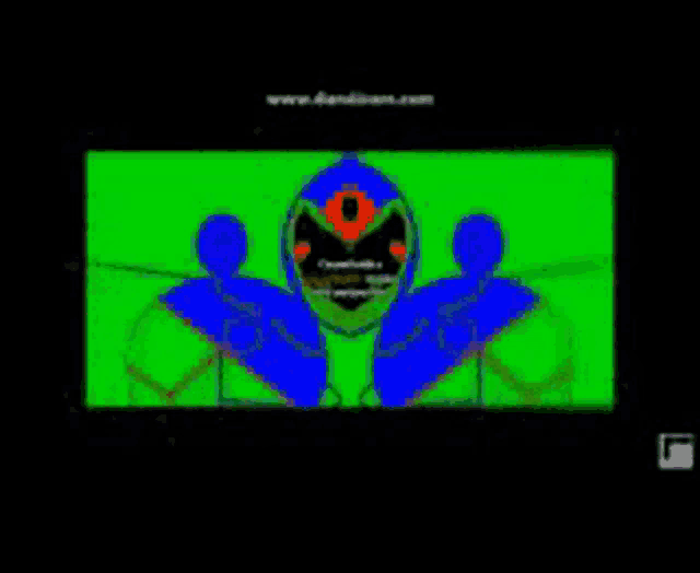 a green screen with two blue cartoon characters on it
