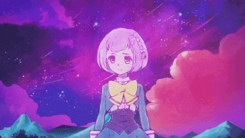 a girl with purple hair is standing in front of a purple sky with stars