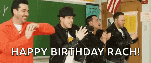 a group of men are dancing in a classroom with the words `` happy birthday rach '' written on the bottom .