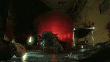 a video game is being played in a hallway