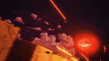 a cartoon of a person flying through the air with a red sun in the background