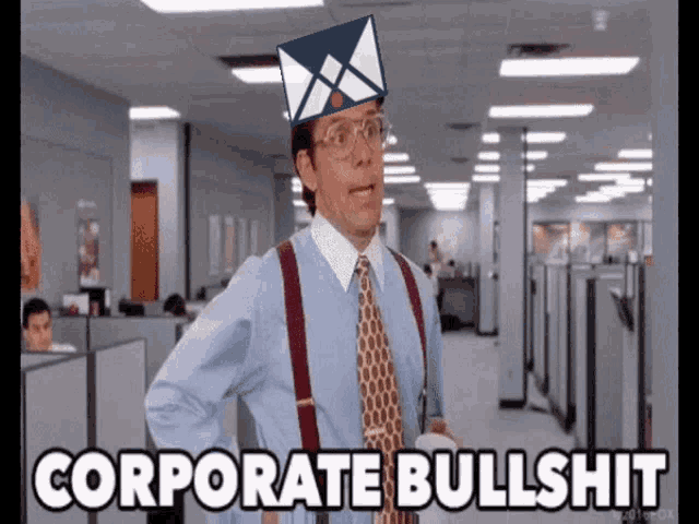 a man with an envelope on his head and the words corporate bullshit below him