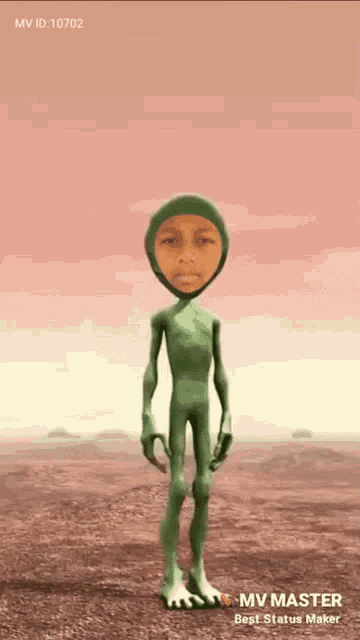 a cartoon of a green alien with a face on his head