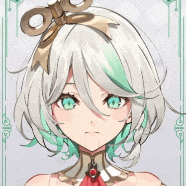 a drawing of a girl with white hair and green stripes