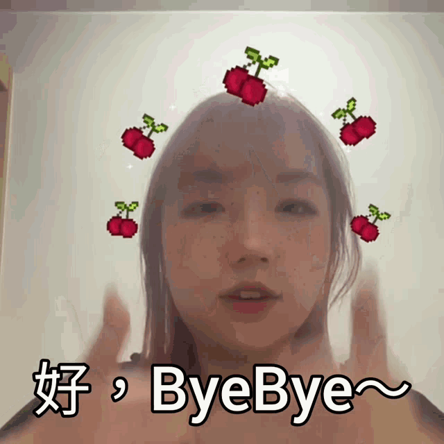 a girl with cherry stickers on her head and the words byebye below her