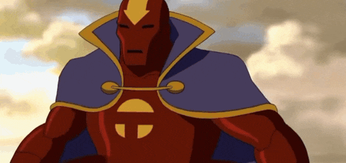 a cartoon character wearing a cape and a red suit with an arrow on it