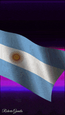 a blue and white flag with a sun on it and the name roberto gomila on the bottom