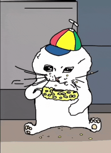 a cartoon cat wearing a colorful hat eating a piece of cheese