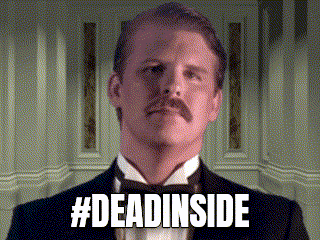 a man with a mustache wearing a tuxedo and bow tie says #deadinside .