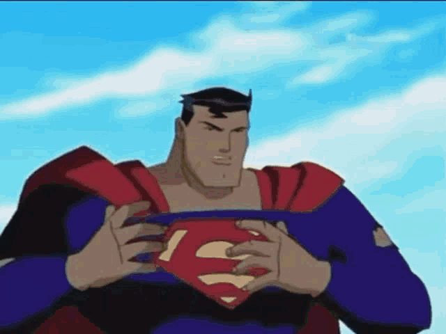 a cartoon of superman holding his chest with his hands
