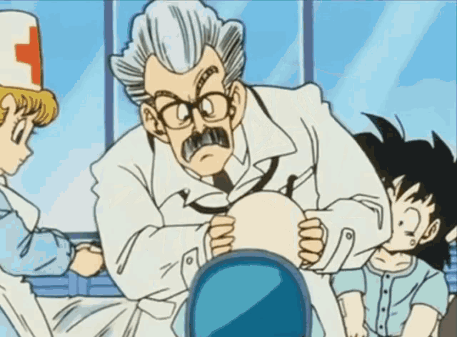 a cartoon of a doctor examining a child 's stomach with a red cross on his hat