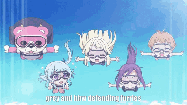 a group of cartoon characters are flying through the air with the words grey and hhw defending furries below them
