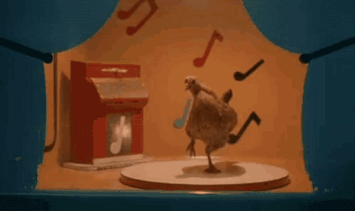 a chicken is standing on a round table with music notes flying around it