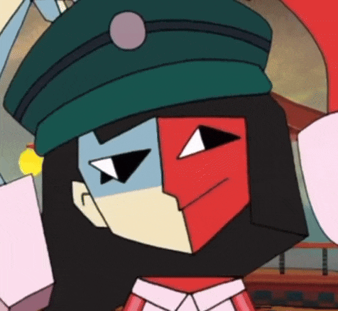 a close up of a cartoon character wearing a green hat and a red and white face .