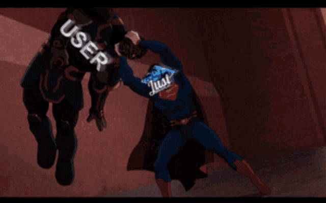 a superhero is fighting another superhero with the words admins written in yellow