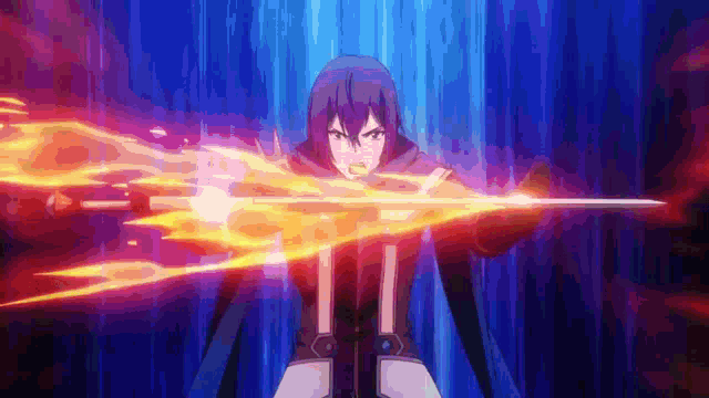 a man is holding a sword with a flame coming out of it in a video game .