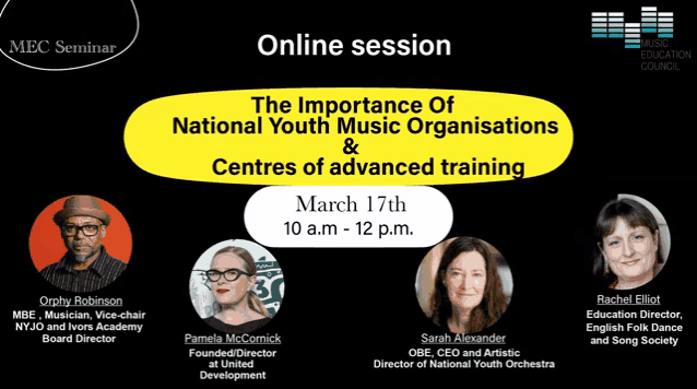 a poster for an online session titled the importance of national youth music organisations and centres of advanced training