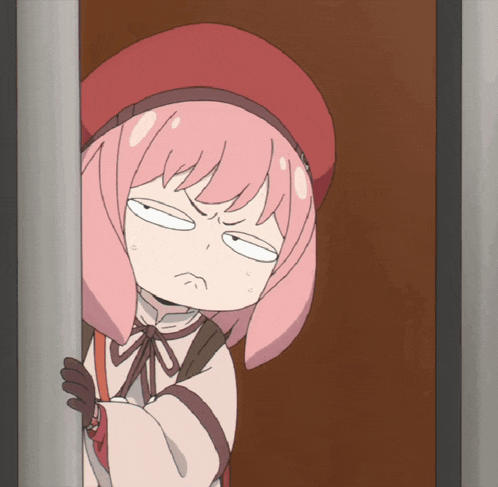 a girl with pink hair and a red hat is making an angry face
