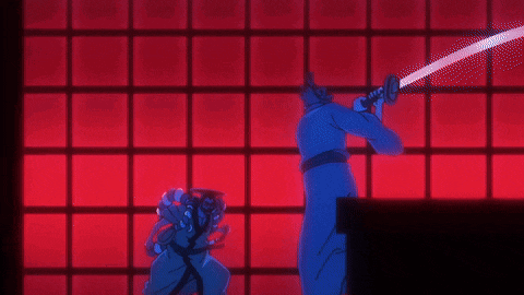 a man is holding a sword in front of a red background