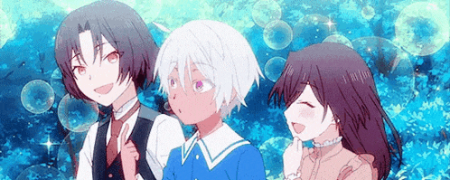 a group of three anime characters are standing next to each other in a forest .