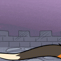 a cartoon of a fox with a blue tongue and a yellow triangle on its head .