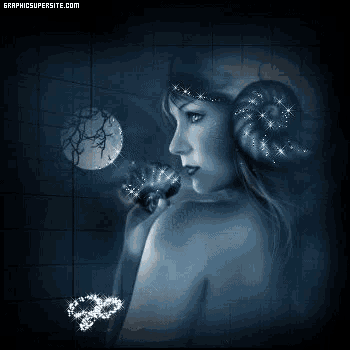 a naked woman is standing in front of a full moon and holding a flower .