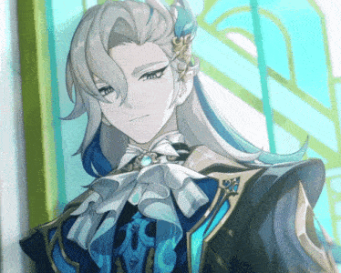 a drawing of a man with long white hair and blue feathers