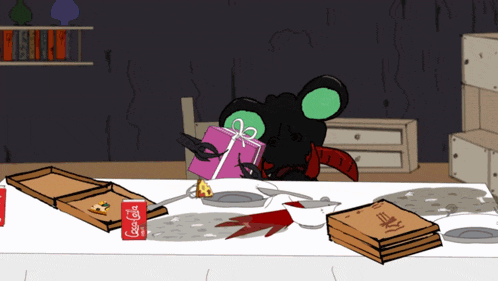 a cartoon mouse sitting at a table with a coca cola can