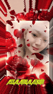 a picture of a woman with red roses and the words assalamualaikum on the bottom