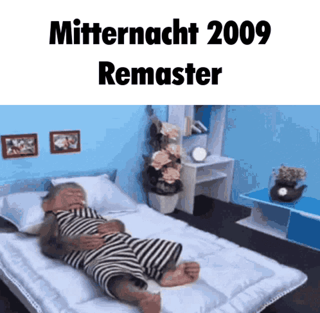 a monkey is laying on a bed with the words mitternacht 2009 remaster