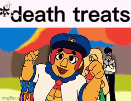 a cartoon of a man giving a thumbs up with the words `` death treats '' above him .