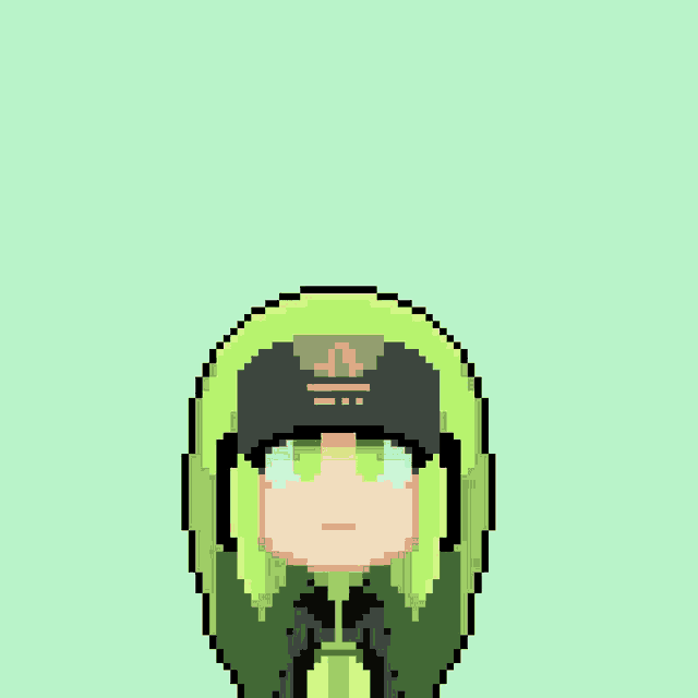 a pixel art drawing of a girl with green hair and a black hat