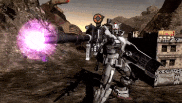 a robot with a shield and a gun has a purple light coming out of it 's mouth