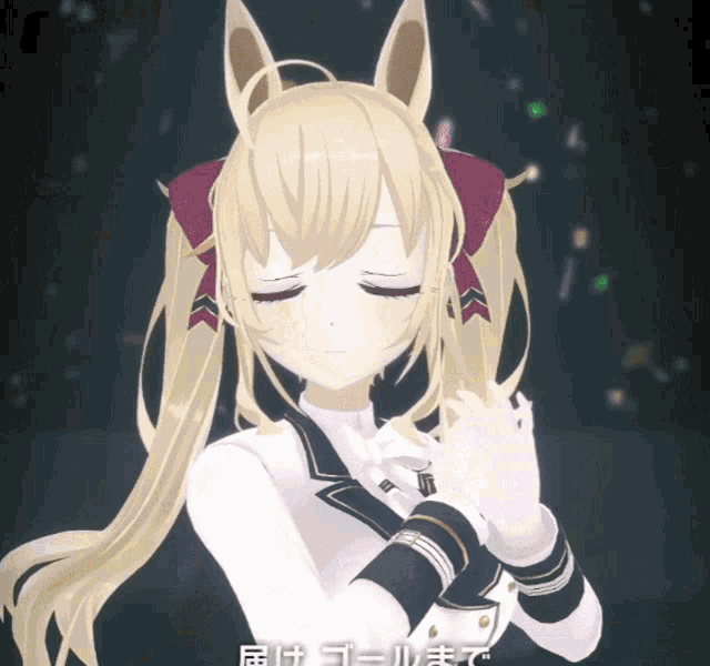 a girl with blonde hair and ears is wearing a white and black outfit