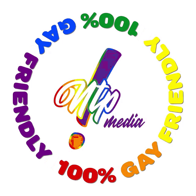 a rainbow colored circle that says 100 % gay friendly on it