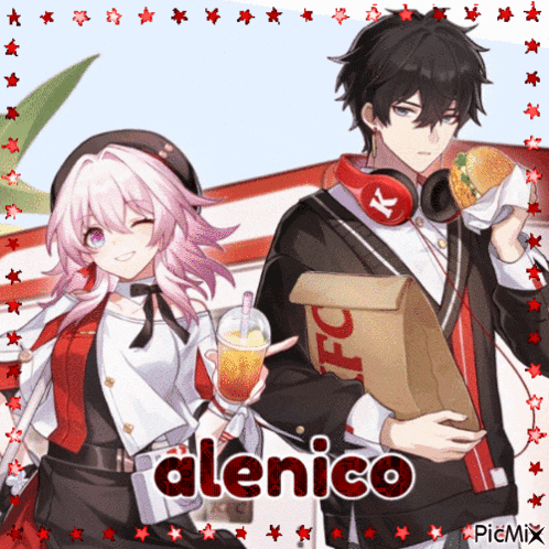a boy and a girl are holding a kfc bag and a cup of tea