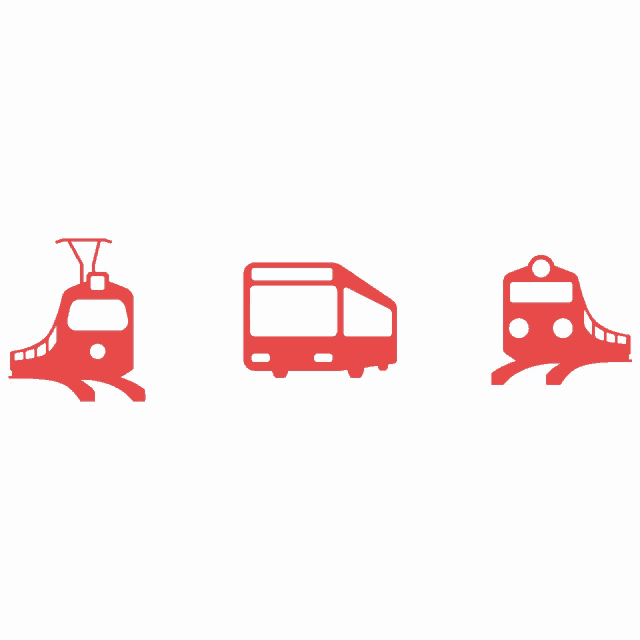 a red icon of a bus a train and a trolley