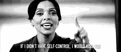 a black and white photo of a woman pointing at the camera with the words `` if i did n't have self-control ,
