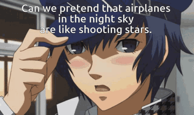a picture of a boy with the words " can we pretend that airplanes in the night sky are like shooting stars "
