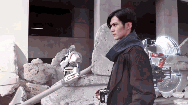 a man in a trench coat is standing in front of a building with a robot in the background