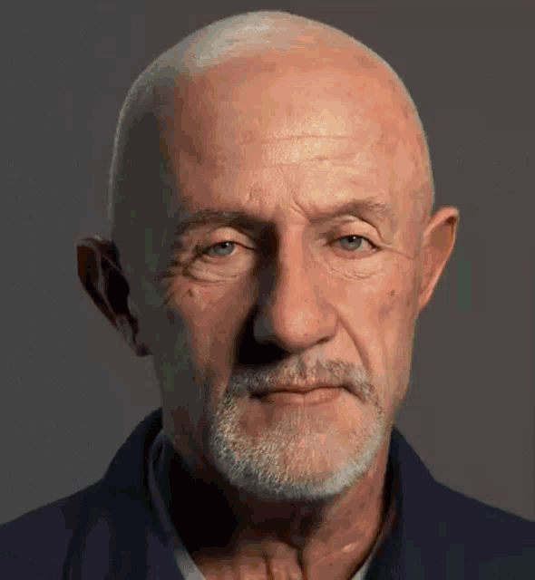 a close up of a man 's face with a beard and a bald head