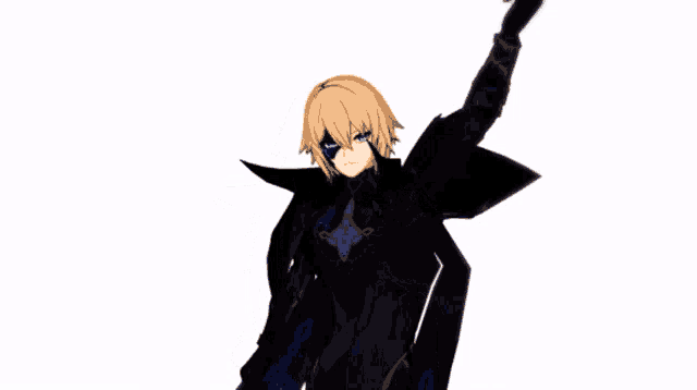 a boy with blonde hair and blue eyes is wearing a black armor