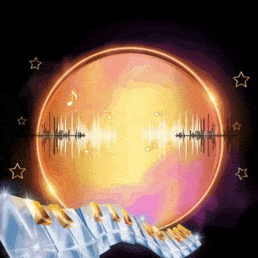 a circle with a sound wave and music notes in it